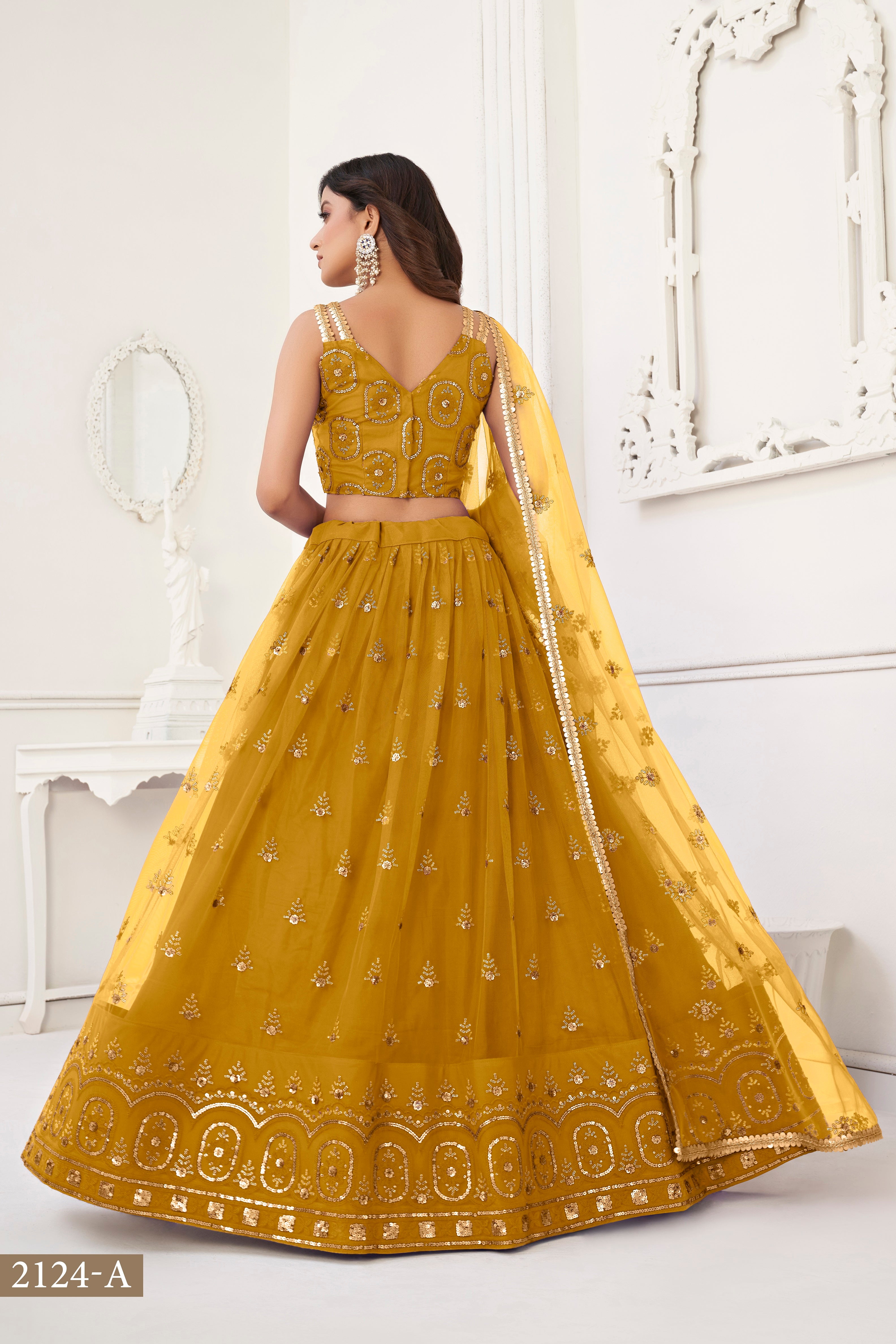 Women's Mustard Yellow Net Thread Embroidery Lehenga Set | Trendia Global Women's Mustard Yellow Net Thread Embroidery Lehenga Set | Trendia Global