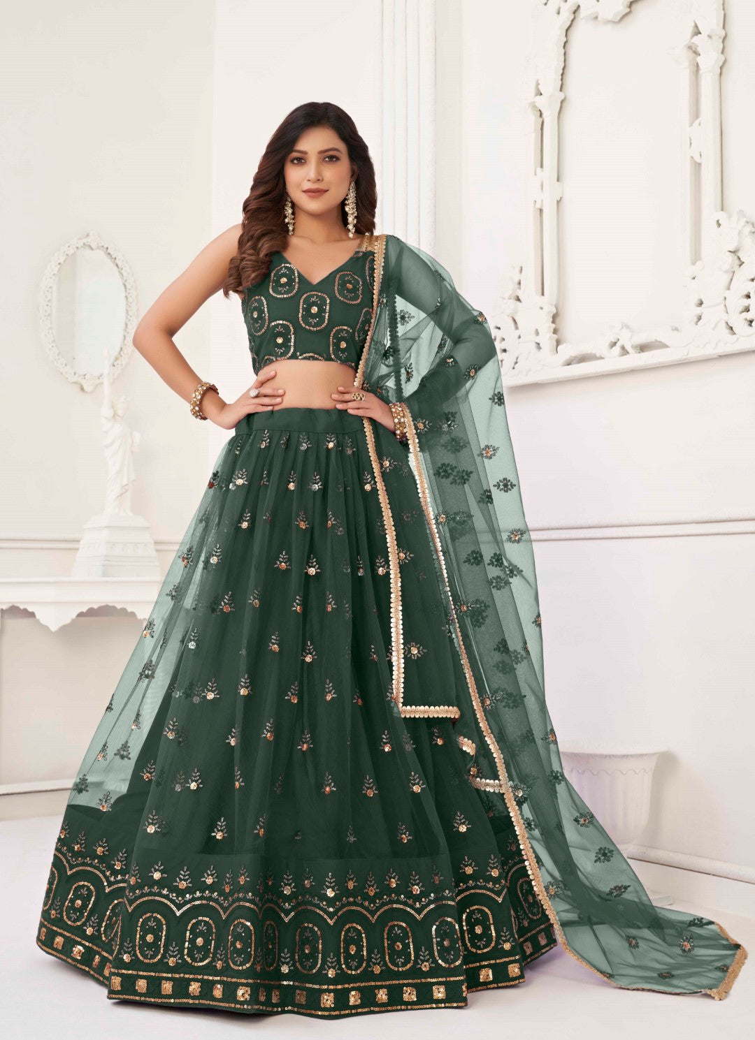 Women's Dark Green Net Thread Embroidery Lehenga Set - Gruhnaree