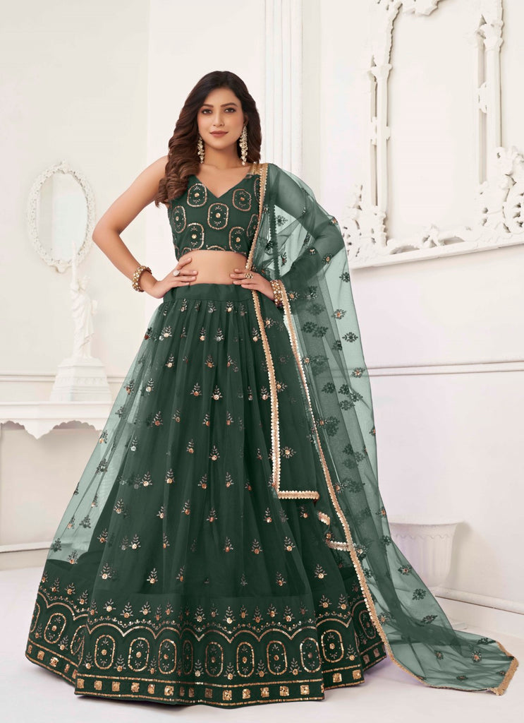 Women's Dark Green Net Thread Embroidery Lehenga Set