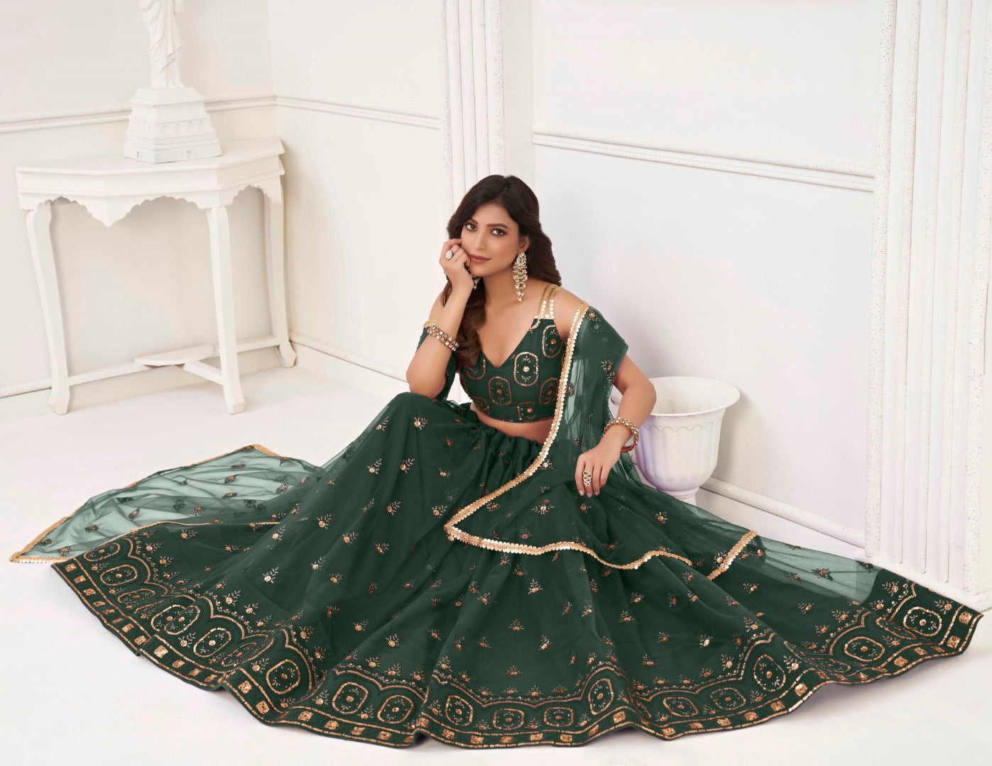 Women's Dark Green Net Thread Embroidery Lehenga Set - Gruhnaree