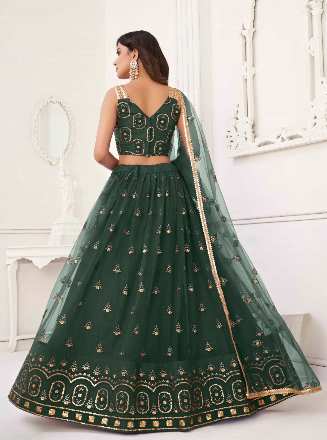 Women's Dark Green Net Thread Embroidery Lehenga Set - Gruhnaree