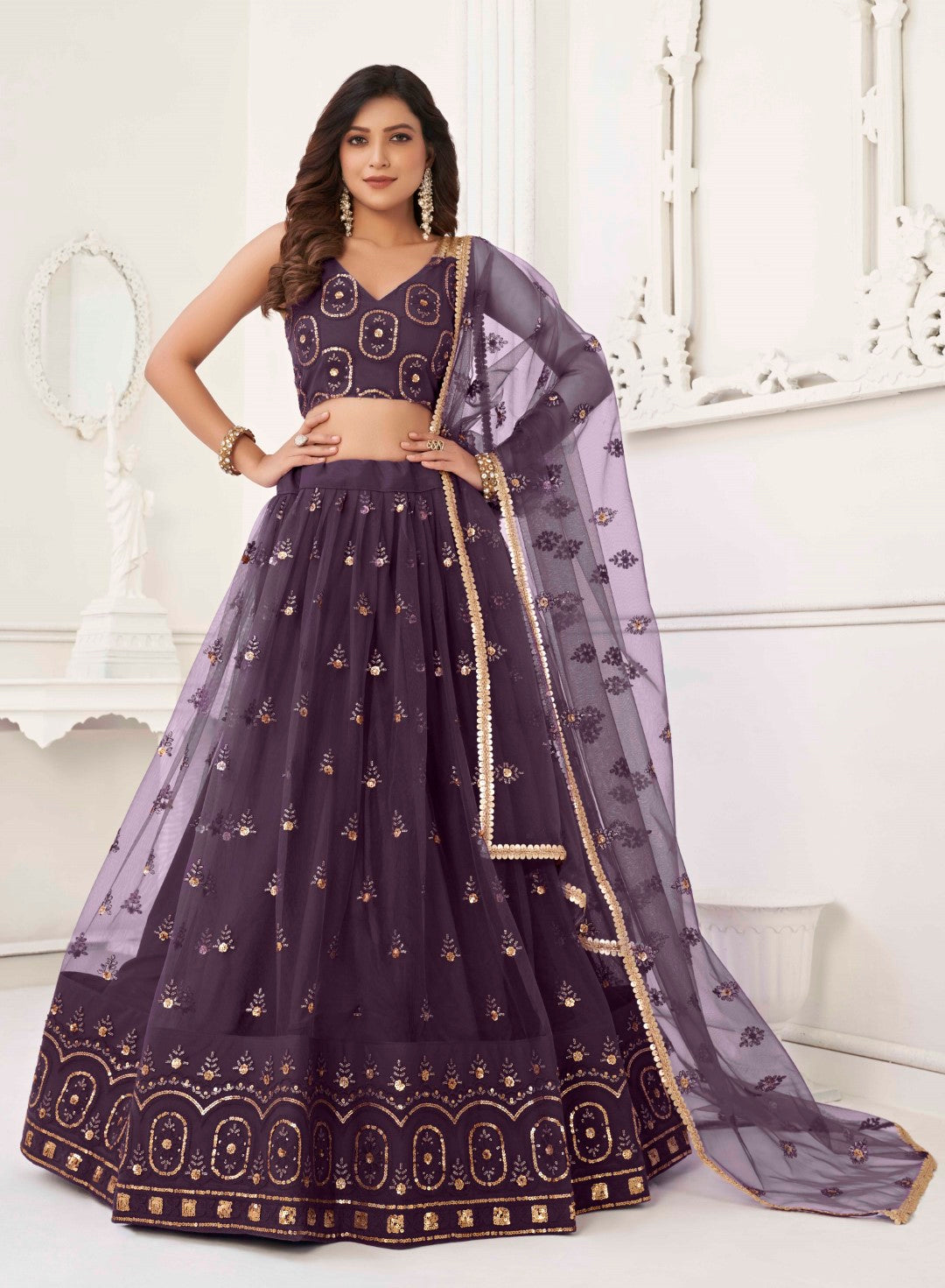 Women's Dusty Wine Net Thread Embroidery Lehenga Set - Gruhnaree