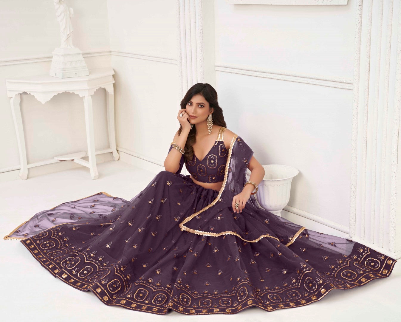 Women's Dusty Wine Net Thread Embroidery Lehenga Set - Gruhnaree