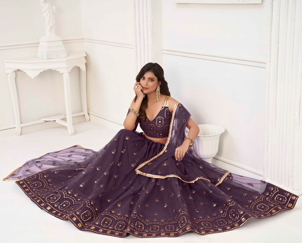 Women's Dusty Wine Net Thread Embroidery Lehenga Set
