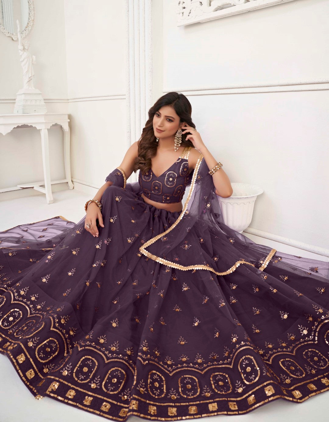 Women's Dusty Wine Net Thread Embroidery Lehenga Set - Gruhnaree