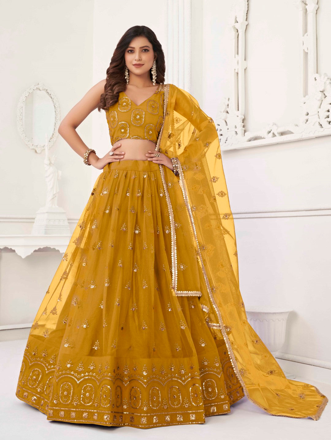 Women's Mustard Net Thread Embroidery Lehenga Set - Gruhnaree