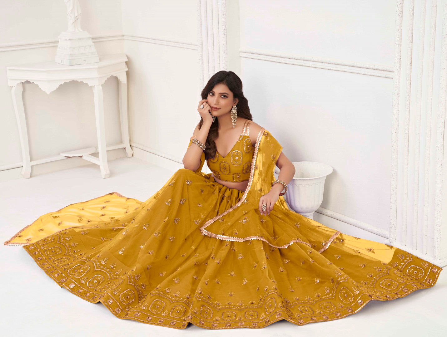 Women's Mustard Net Thread Embroidery Lehenga Set - Gruhnaree