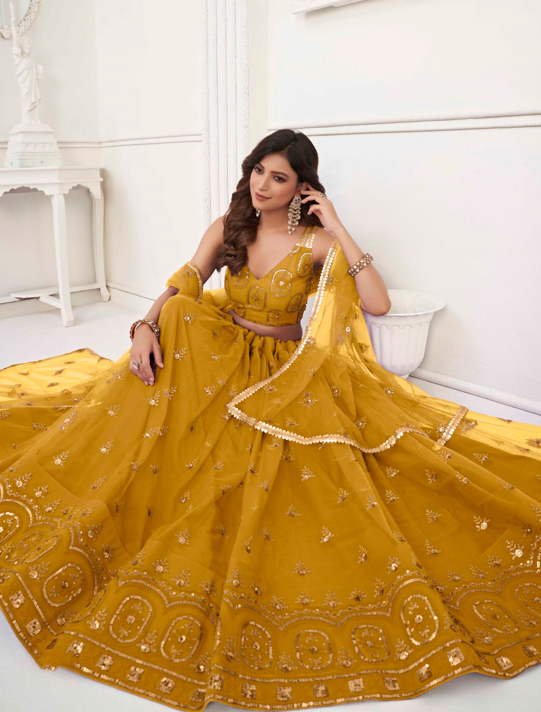 Women's Mustard Net Thread Embroidery Lehenga Set - Gruhnaree