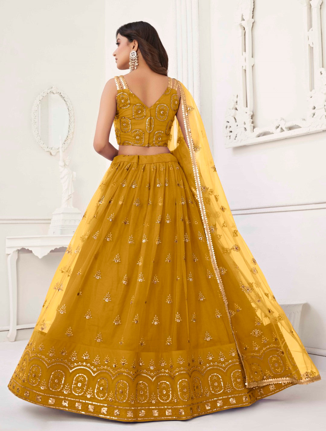 Women's Mustard Net Thread Embroidery Lehenga Set - Gruhnaree