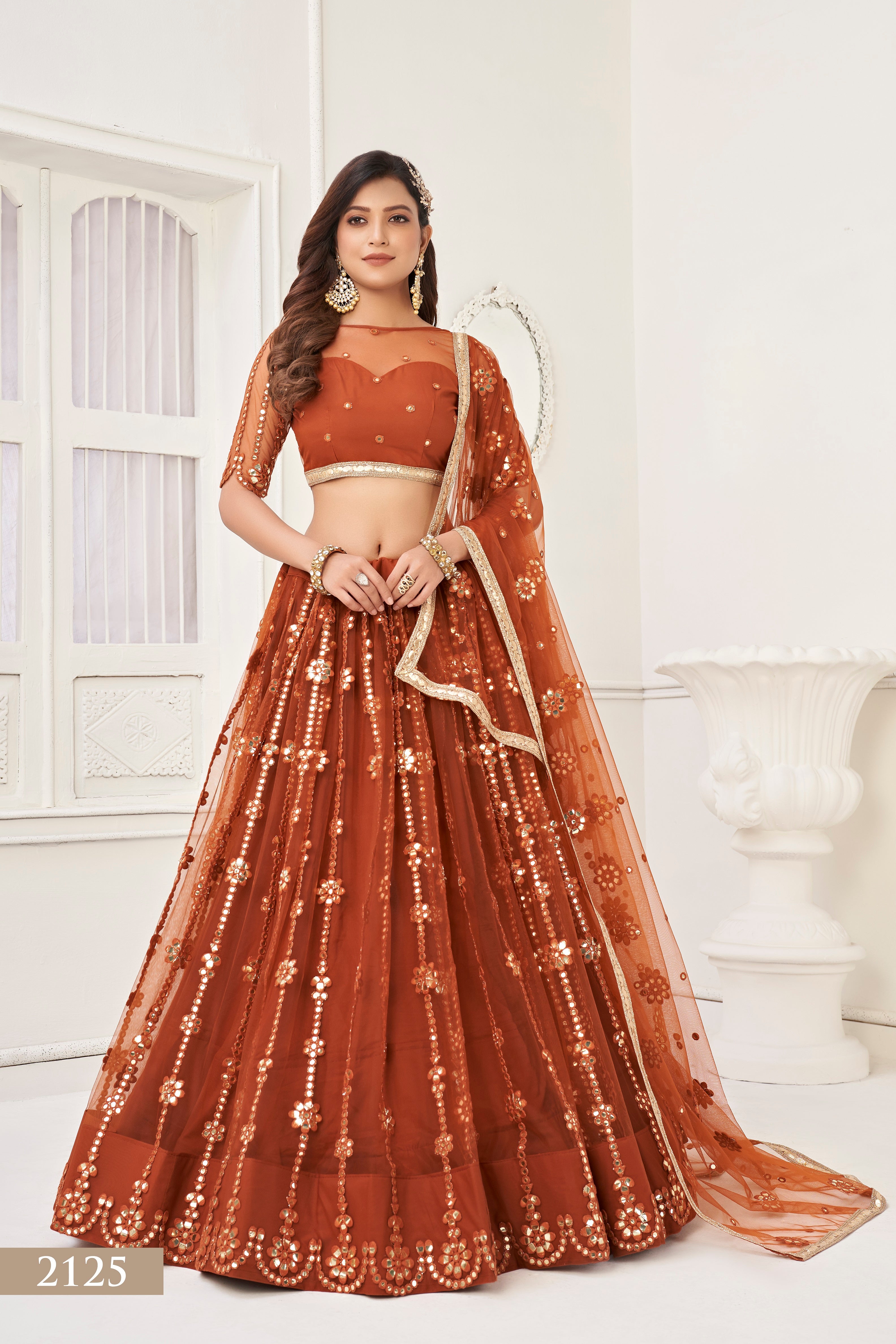 Women's Brown Net Thread Embroidery Lehenga Set - Eilara