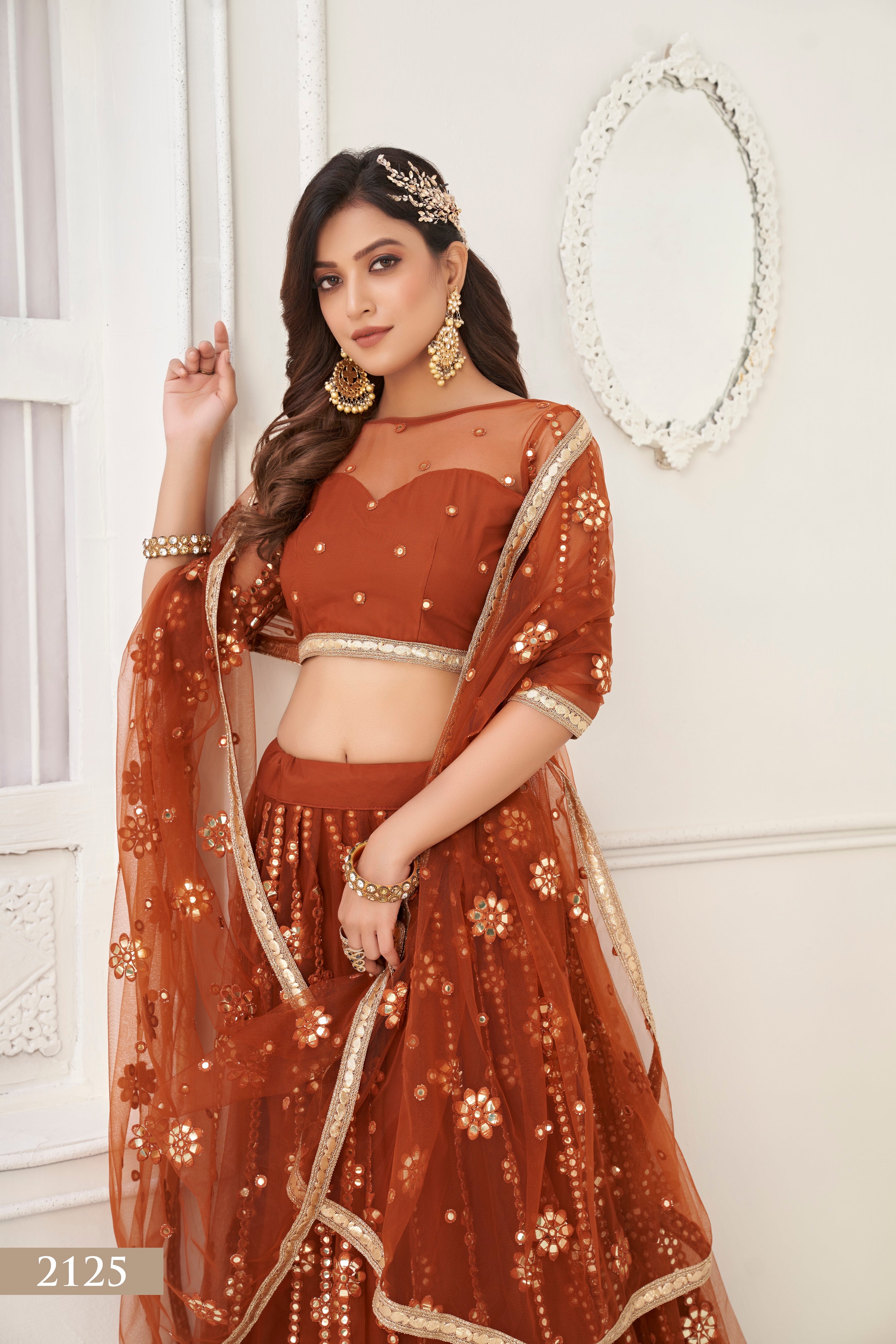 Women's Brown Net Thread Embroidery Lehenga Set - Eilara