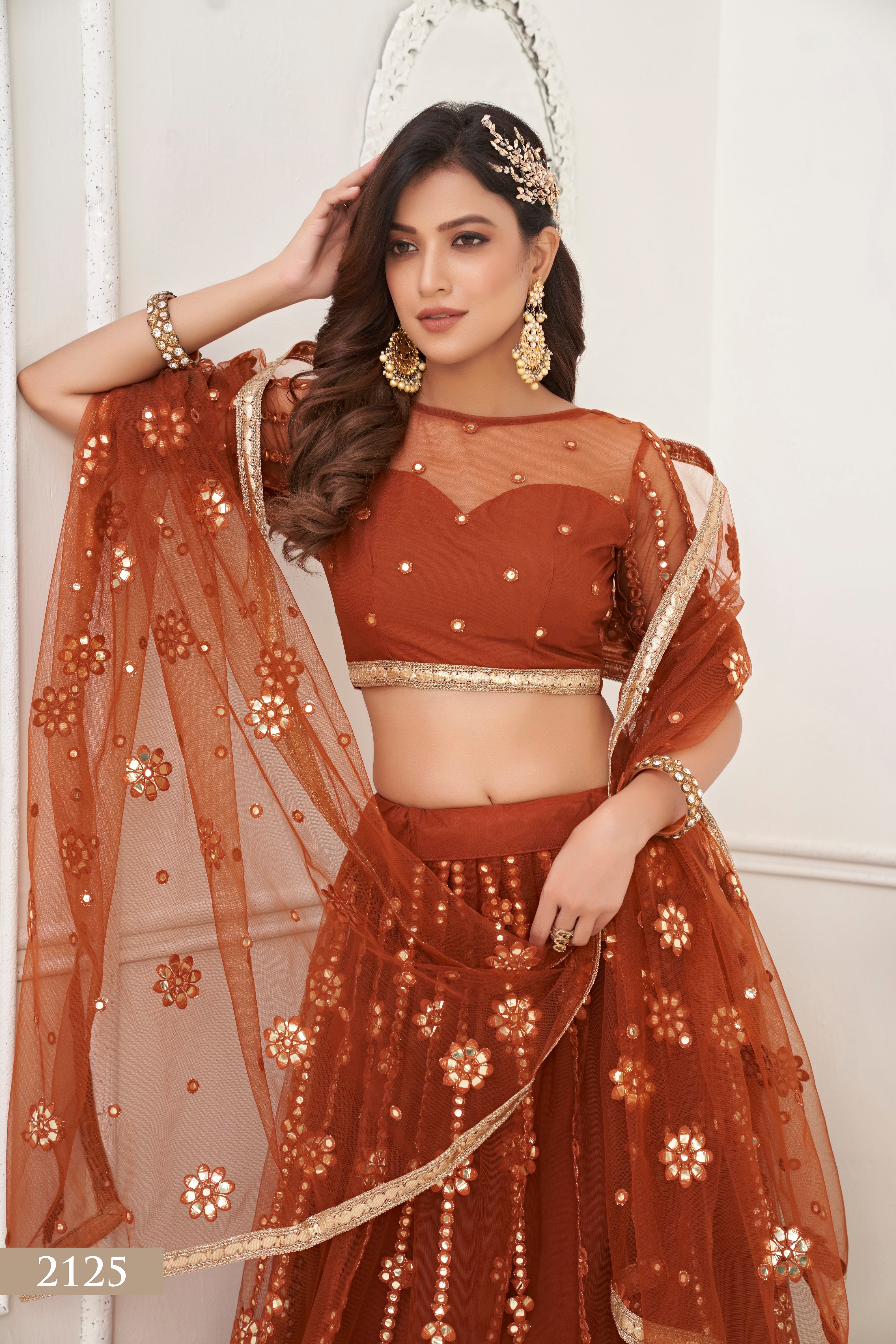 Women's Brown Net Thread Embroidery Lehenga Set - Eilara