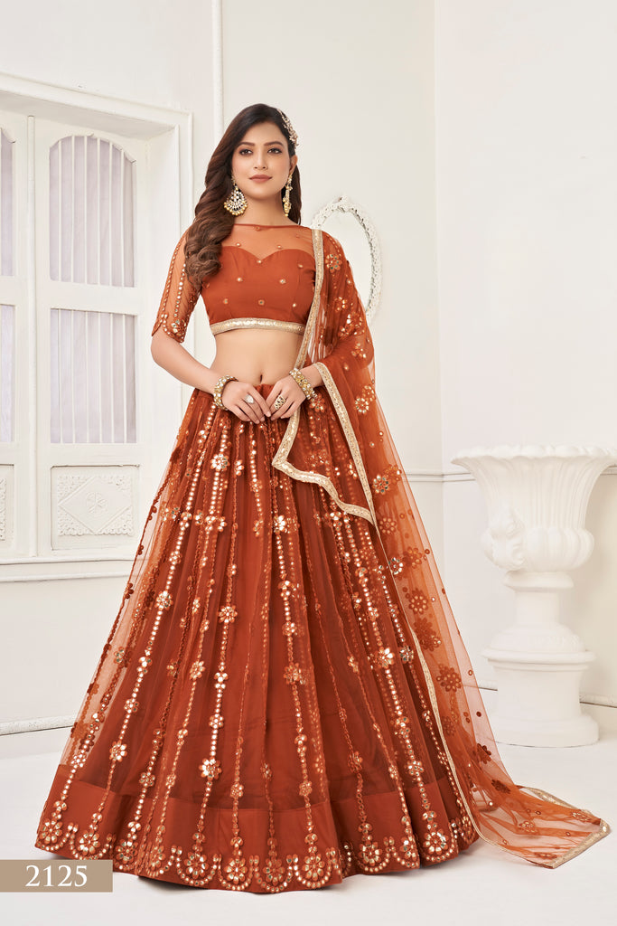 Women's Brown Net Thread Embroidery Lehenga Set
