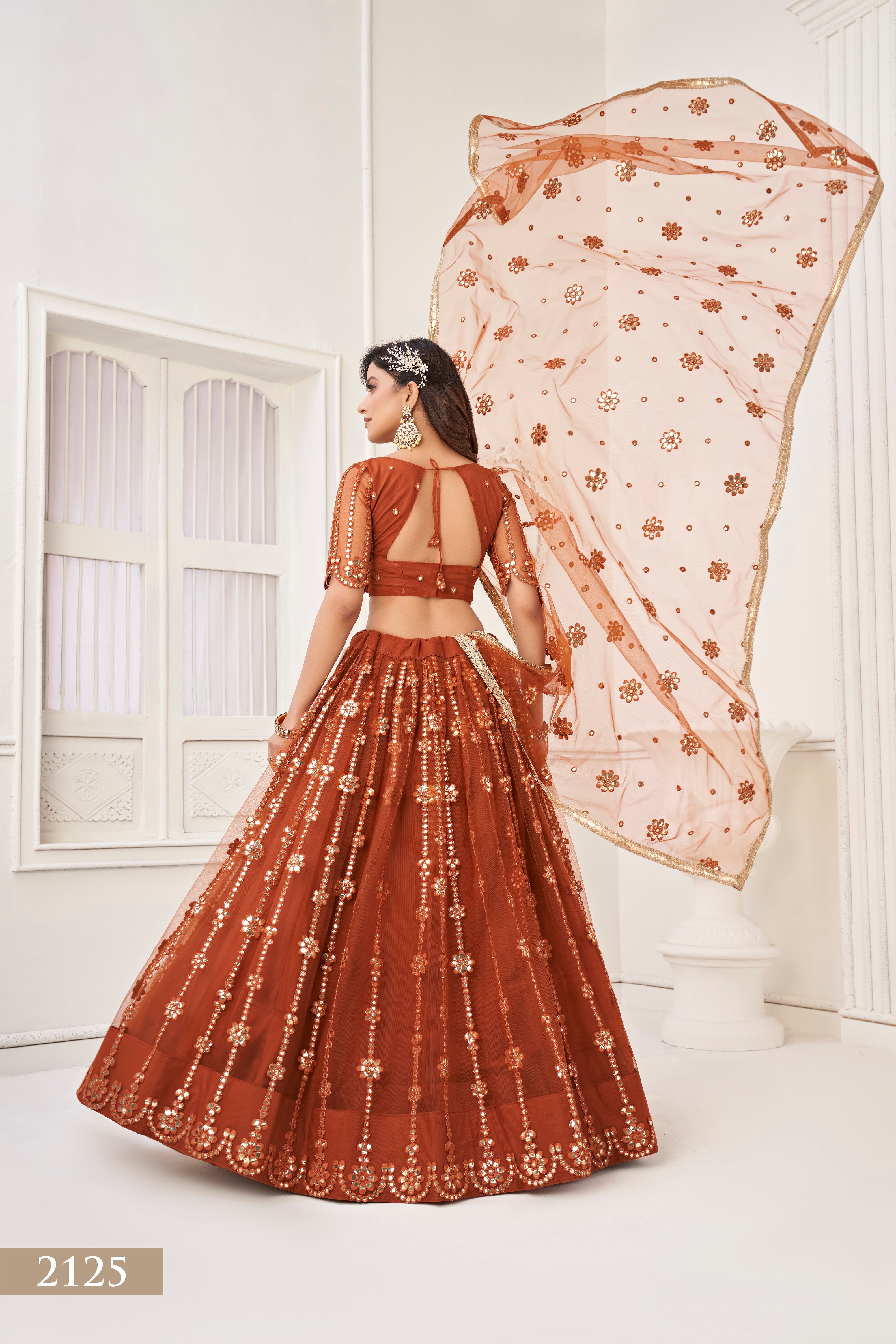 Women's Brown Net Thread Embroidery Lehenga Set - Eilara