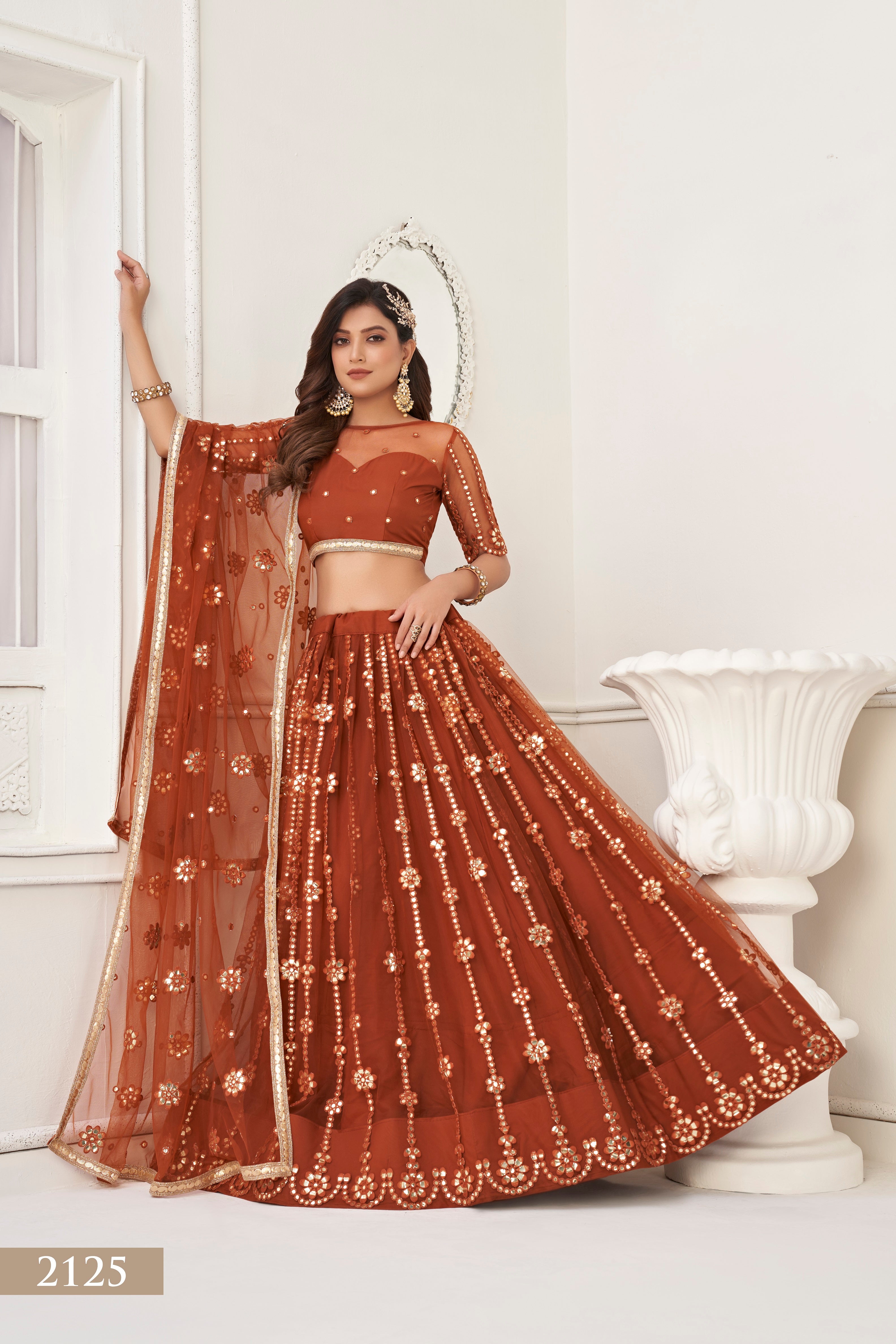 Women's Brown Net Thread Embroidery Lehenga Set - Eilara