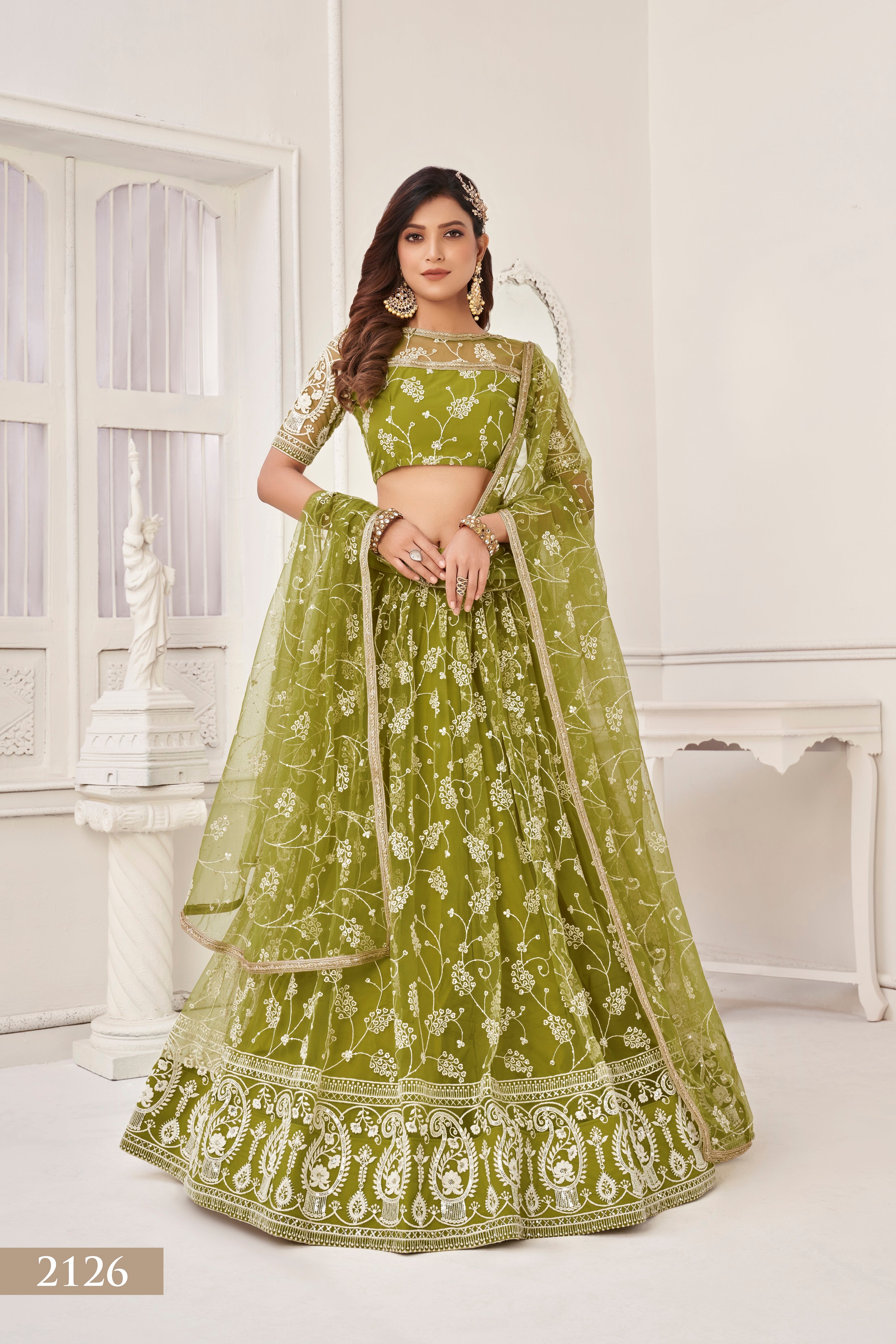 Women's Olive Green Net Thread Embroidery Lehenga Set - Eilara