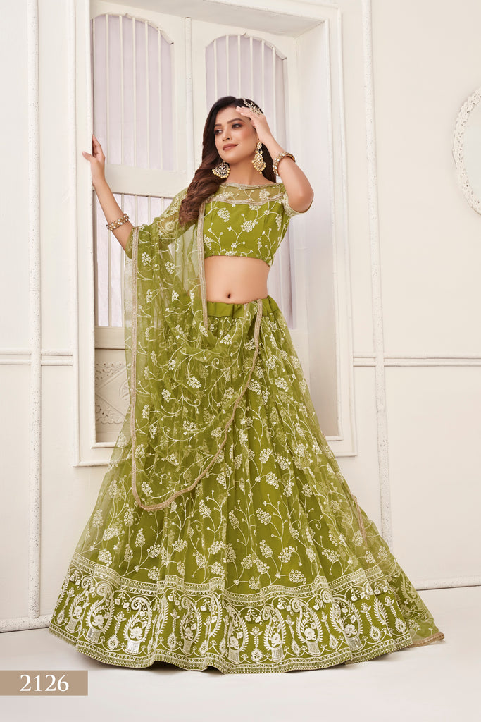 Women's Olive Green Net Thread Embroidery Lehenga Set