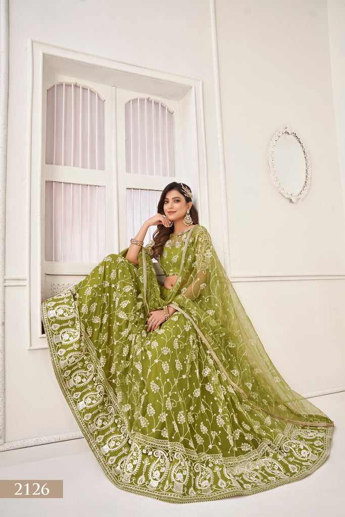 Women's Olive Green Net Thread Embroidery Lehenga Set