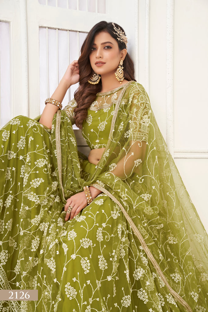Women's Olive Green Net Thread Embroidery Lehenga Set