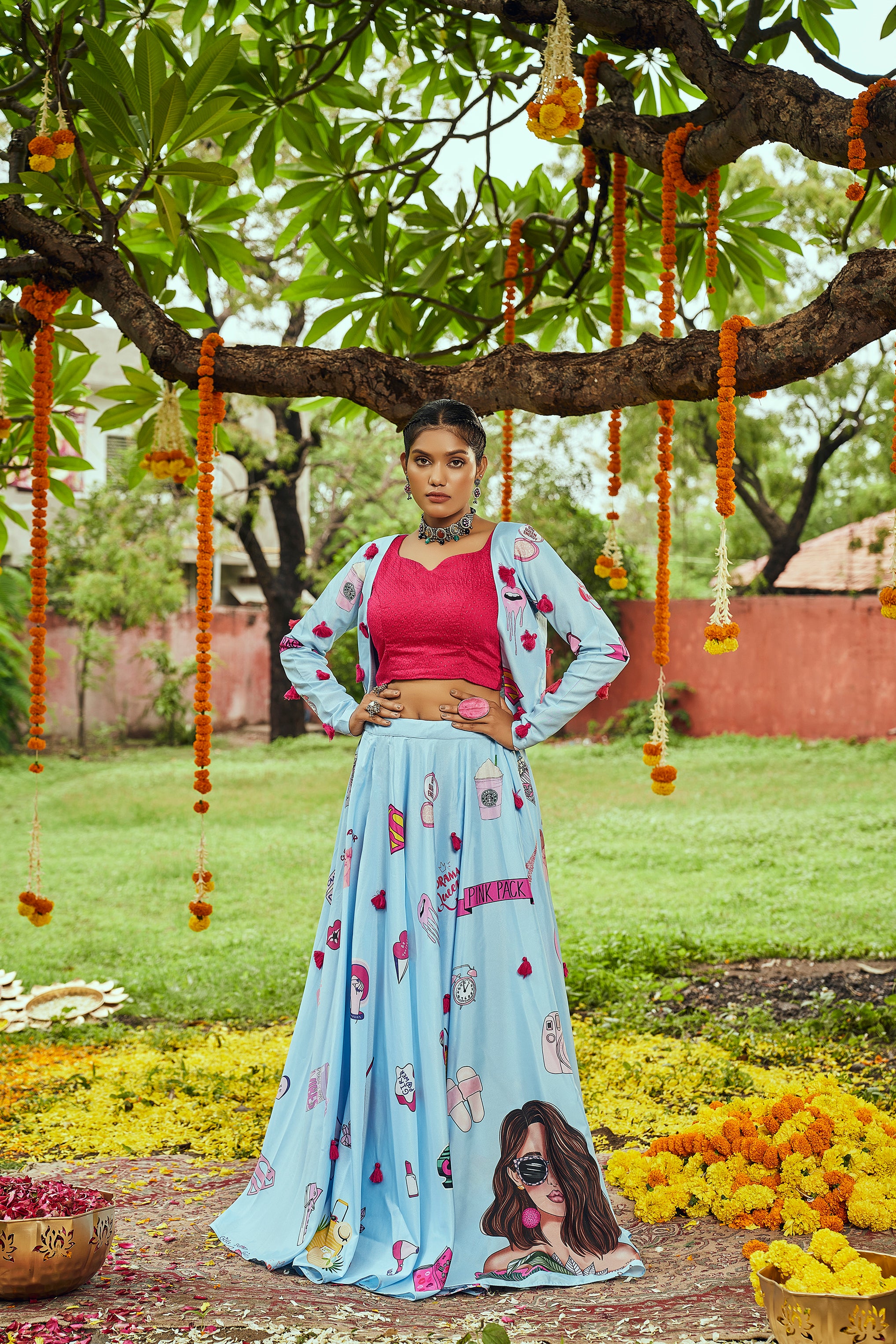 Women's Sky Blue Maslin Cotton Digital Printed Lehenga Set - Shubhkala