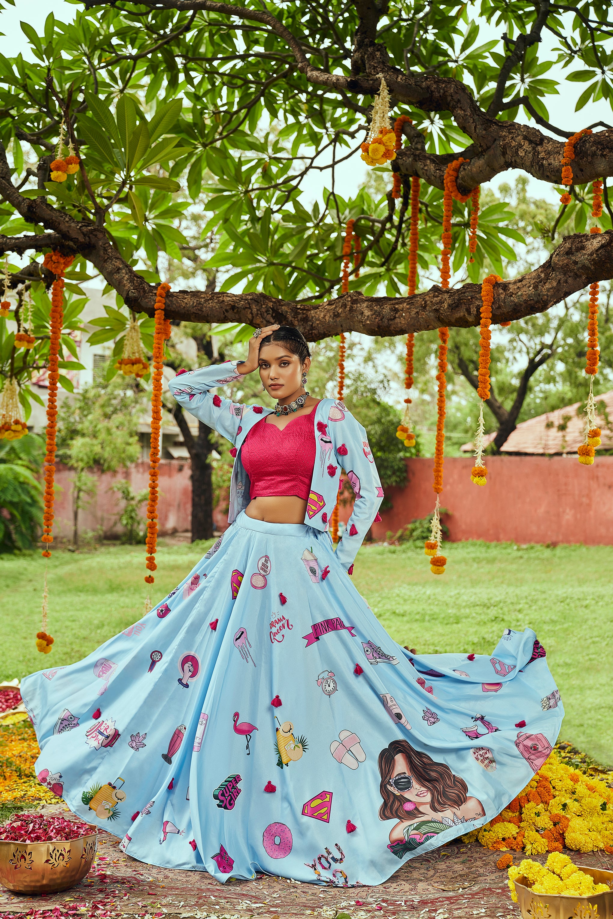 Women's Sky Blue Maslin Cotton Digital Printed Lehenga Set - Shubhkala