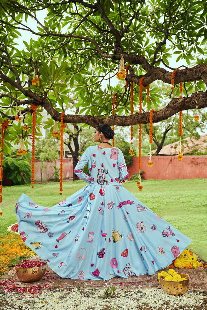 Women's Sky Blue Maslin Cotton Digital Printed Lehenga Set