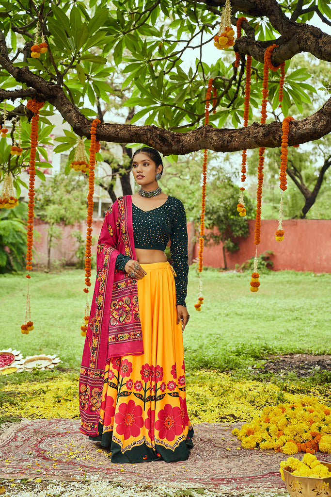 Women's Yellow Maslin Cotton Digital Printed Lehenga Set