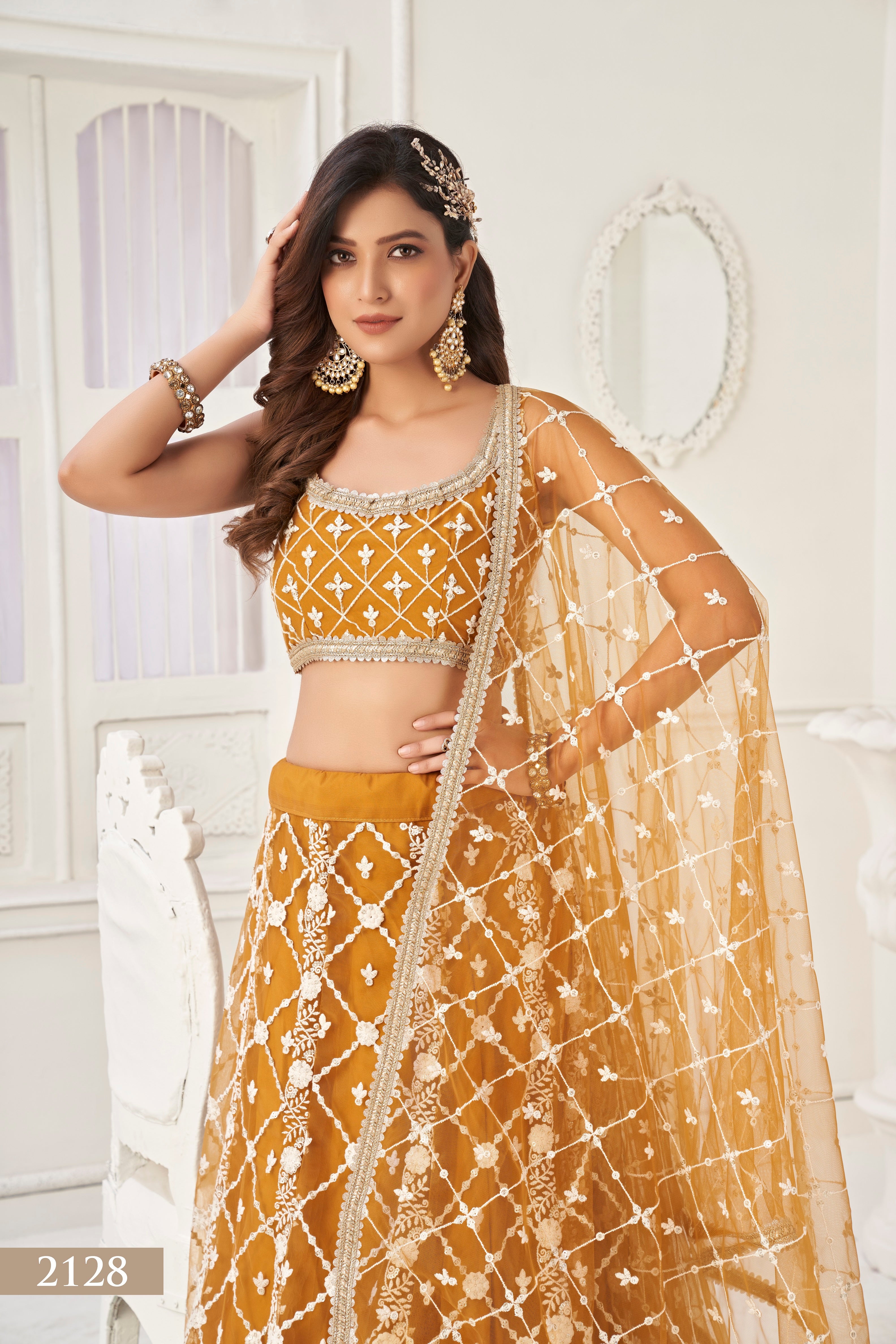 Women's Brown Net Thread Embroidery Lehenga Set - Eilara