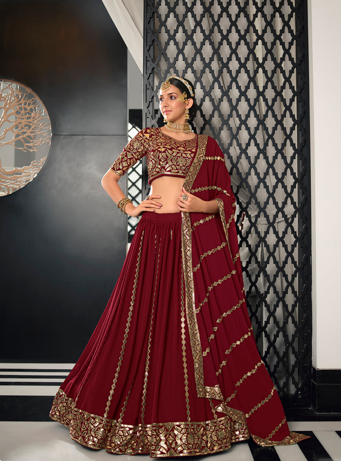 Women's Maroon Georgette Thread With Sequince Embroidered Lehenga Set - Shubhkala