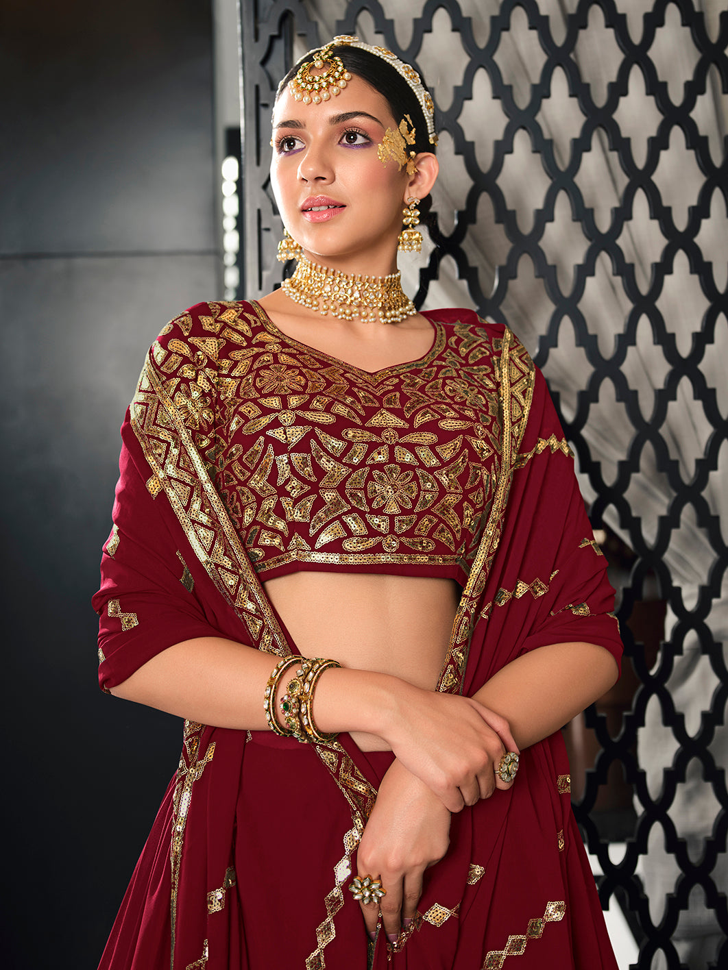 Women's Maroon Georgette Thread With Sequince Embroidered Lehenga Set - Shubhkala