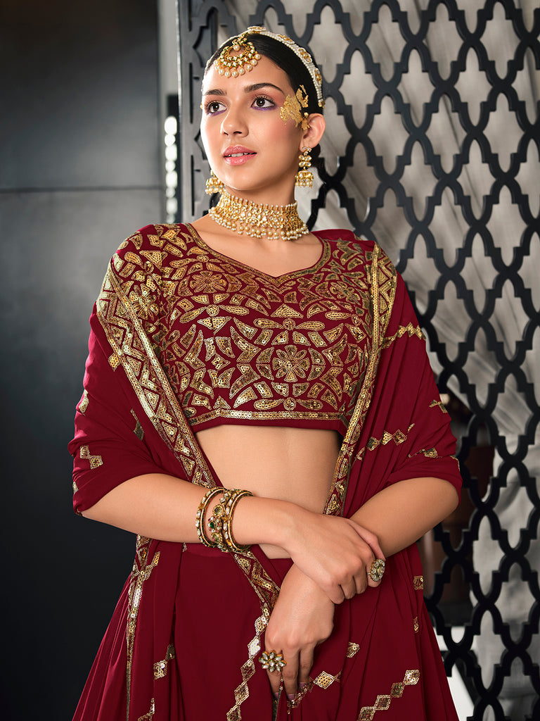 Women's Maroon Georgette Thread With Sequince Embroidered Lehenga Set