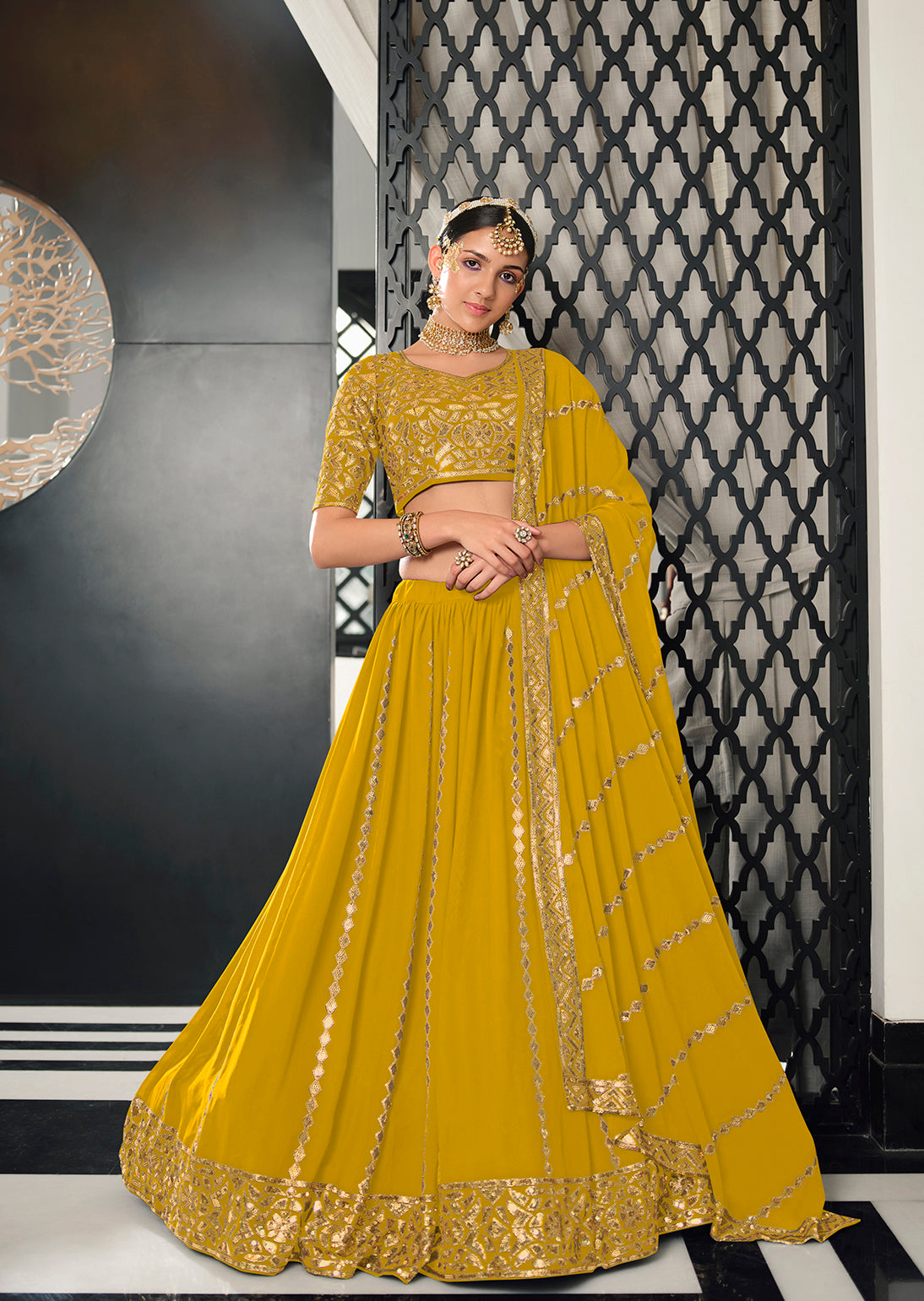 Women's Yellow Georgette Thread With Sequince Embroidered Lehenga Set - Shubhkala