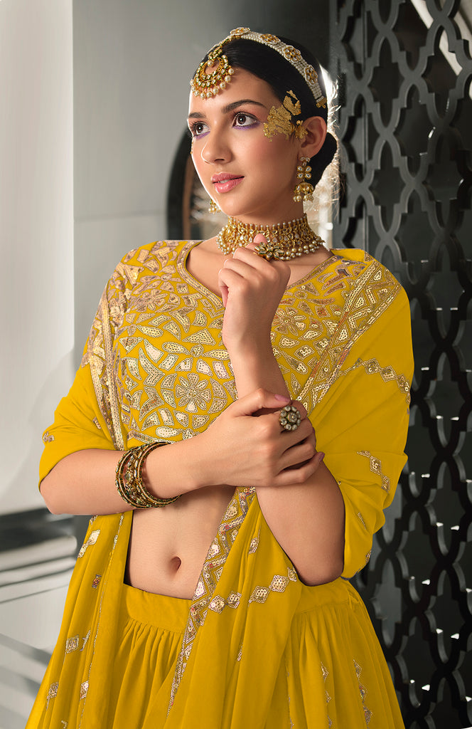 Women's Yellow Georgette Thread With Sequince Embroidered Lehenga Set