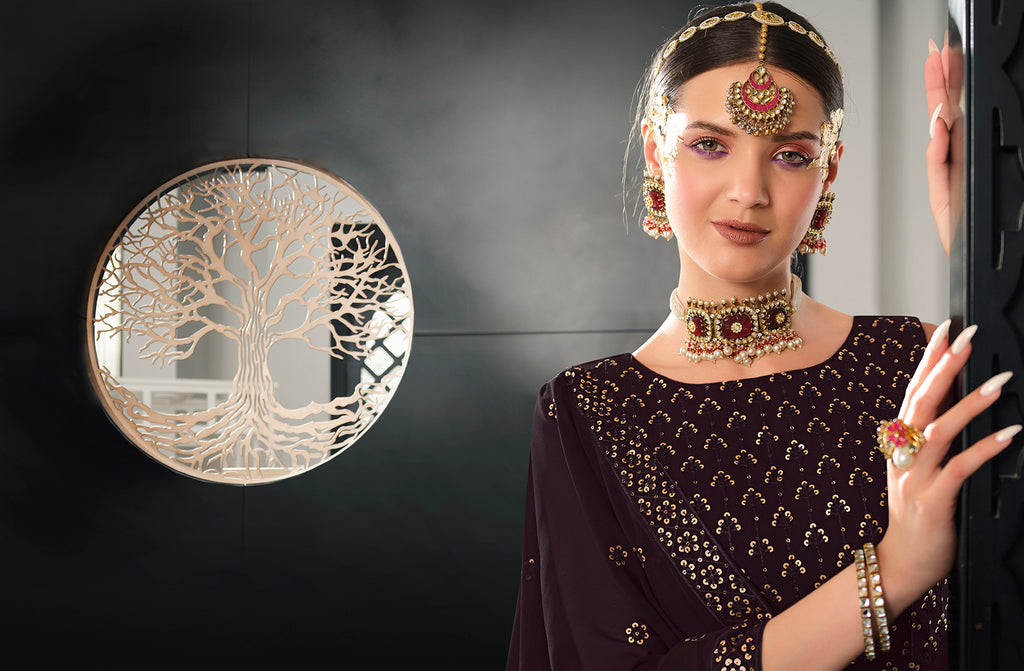 Women's Purple Georgette Thread With Sequince Embroidered Lehenga Set