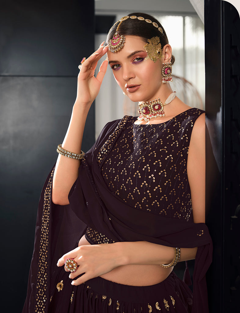 Women's Purple Georgette Thread With Sequince Embroidered Lehenga Set