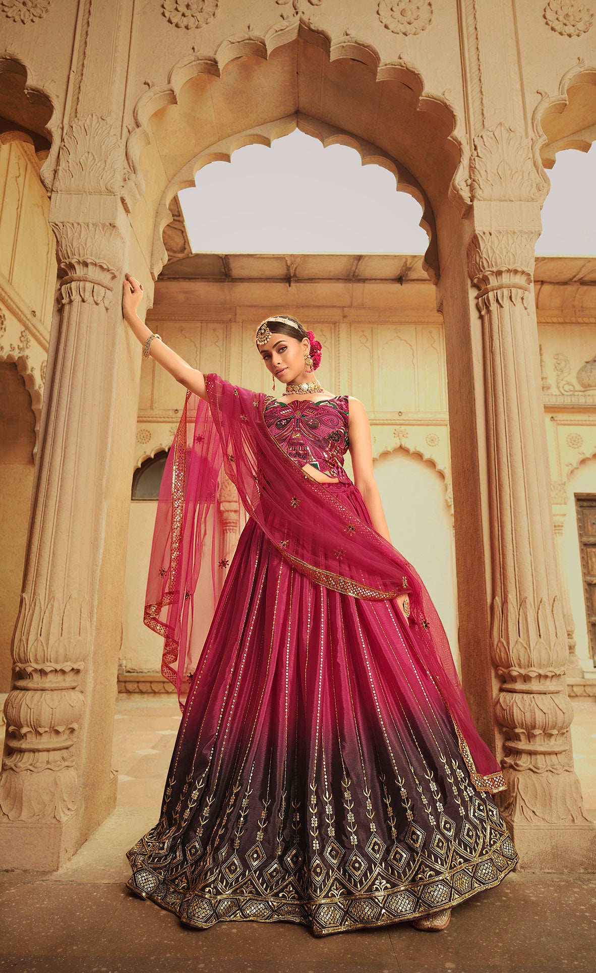 Women's Deep Pink Silk Sequince Embroidered Lehenga Set - Shubhkala