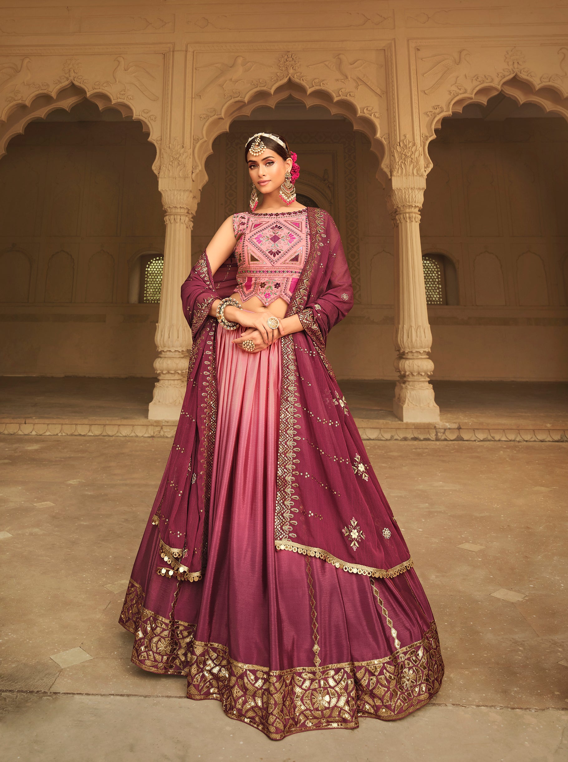 Women's Pink Silk Sequince Embroidered Lehenga Set - Shubhkala