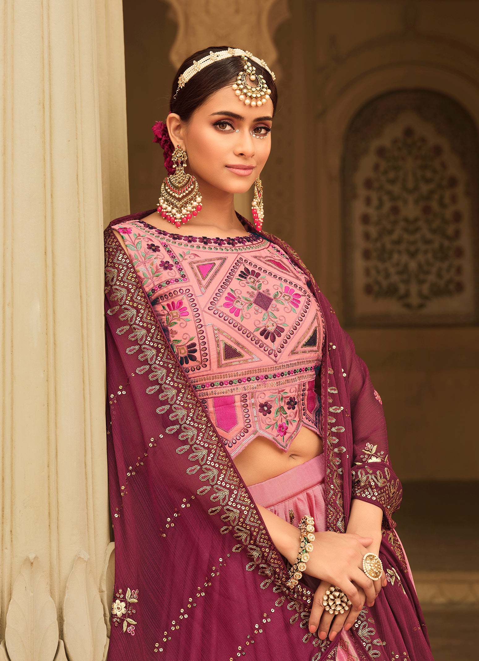 Women's Pink Silk Sequince Embroidered Lehenga Set - Shubhkala