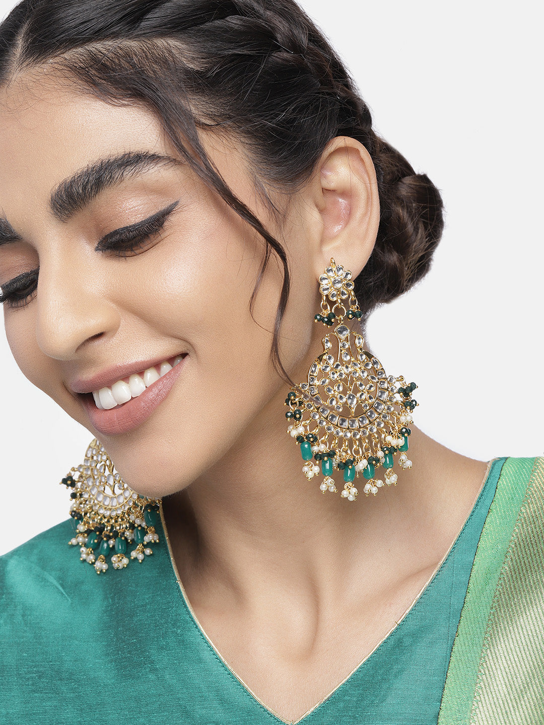 Women's 18K Gold Plated Traditional Handcrafted Pearl Kundan Beaded Earrings (E3013G)