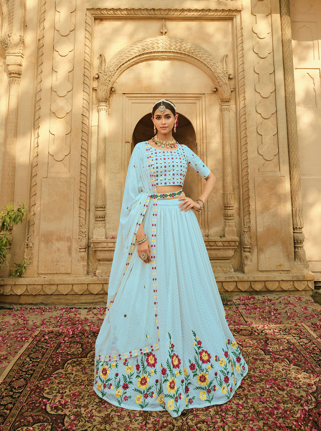 Women's Sky Blue Georgette Thread With Sequince Embroidered Lehenga Set - Shubhkala