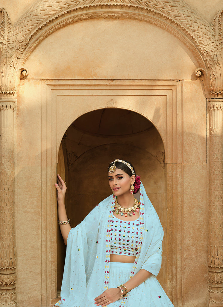 Women's Sky Blue Georgette Thread With Sequince Embroidered Lehenga Set