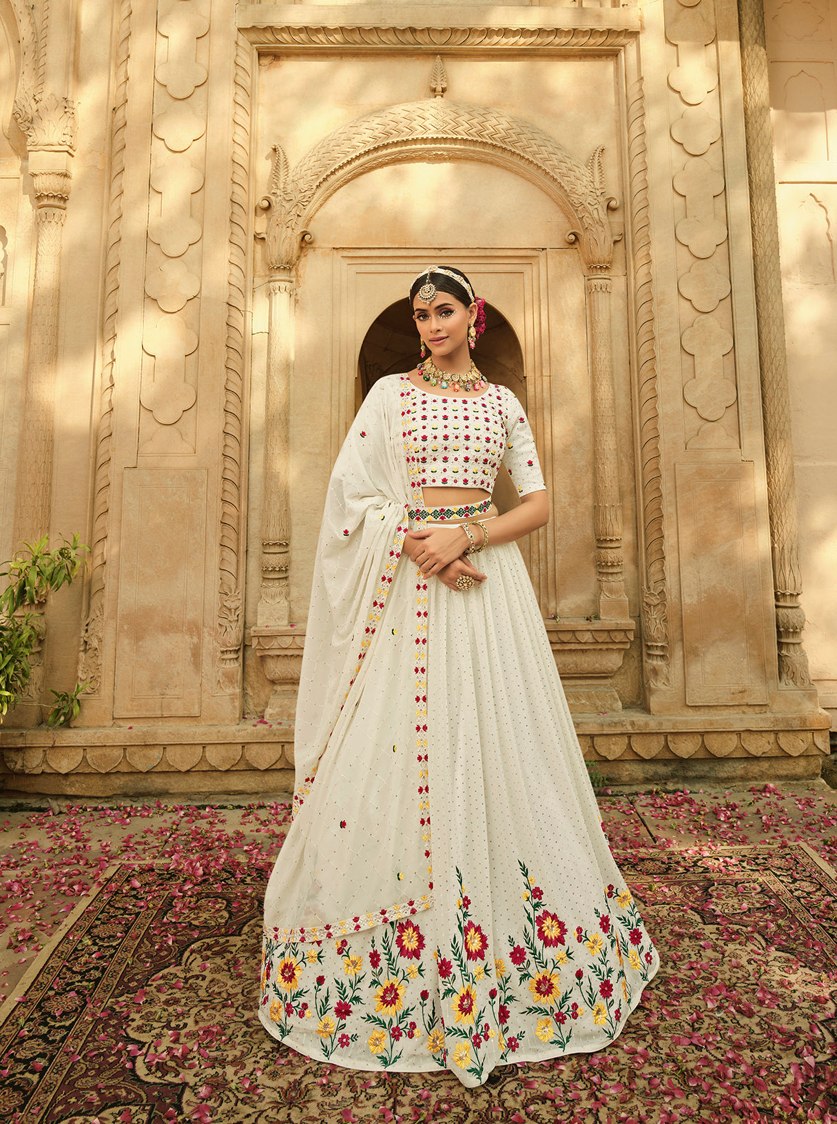 Women's White Georgette Thread With Sequince Embroidered Lehenga Set - Shubhkala