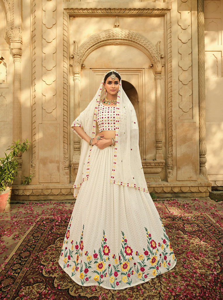 Women's White Georgette Thread With Sequince Embroidered Lehenga Set