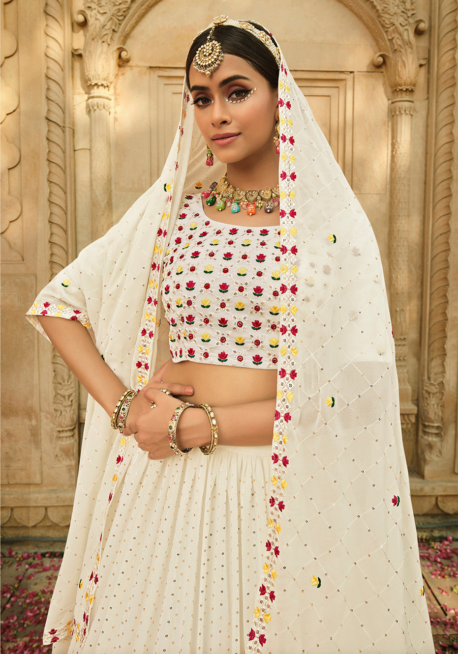 Women's White Georgette Thread With Sequince Embroidered Lehenga Set - Shubhkala