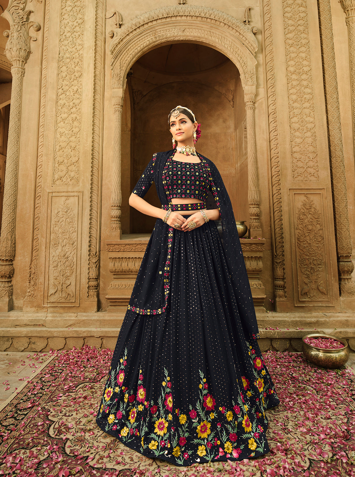 Women's Blue Georgette Thread With Sequince Embroidered Lehenga Set - Shubhkala