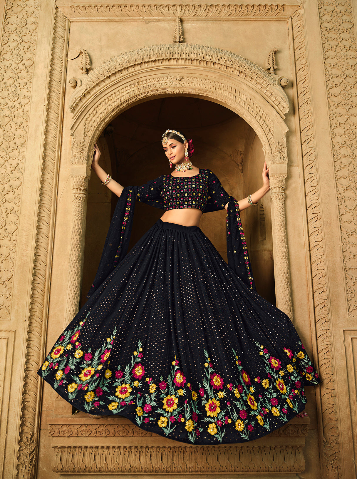 Women's Blue Georgette Thread With Sequince Embroidered Lehenga Set - Shubhkala