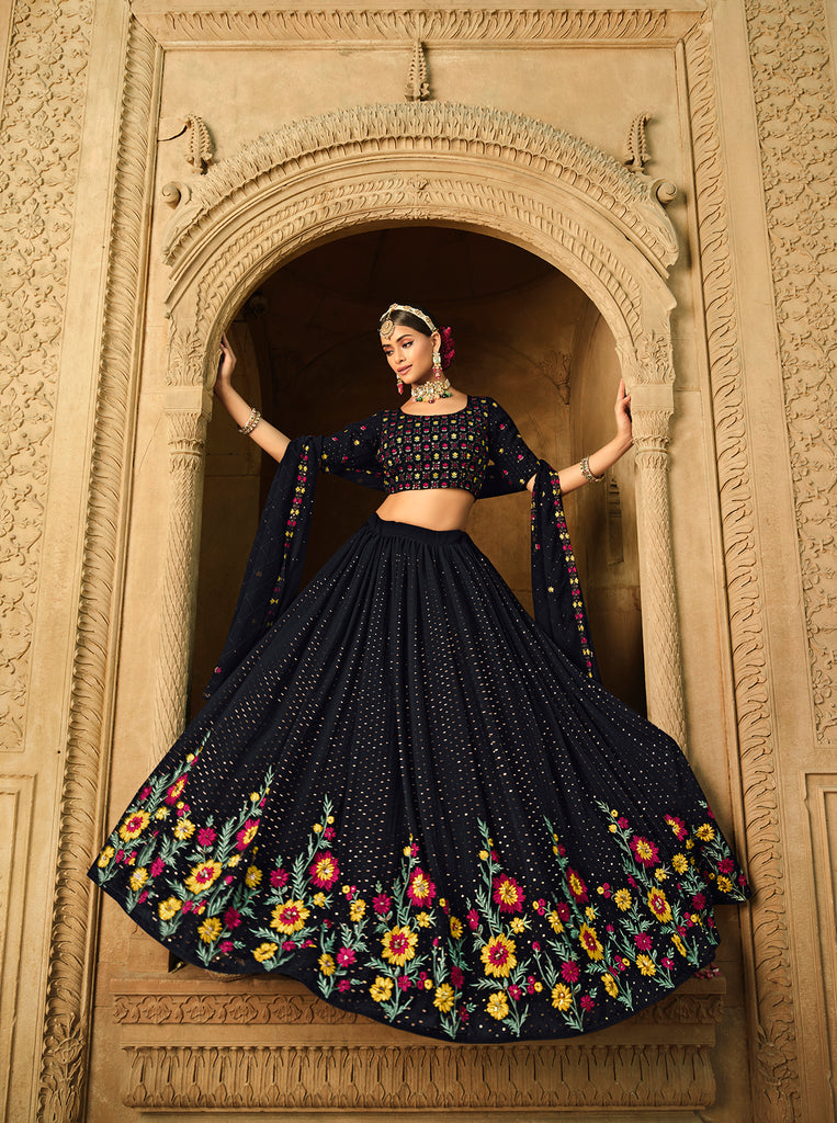 Women's Blue Georgette Thread With Sequince Embroidered Lehenga Set