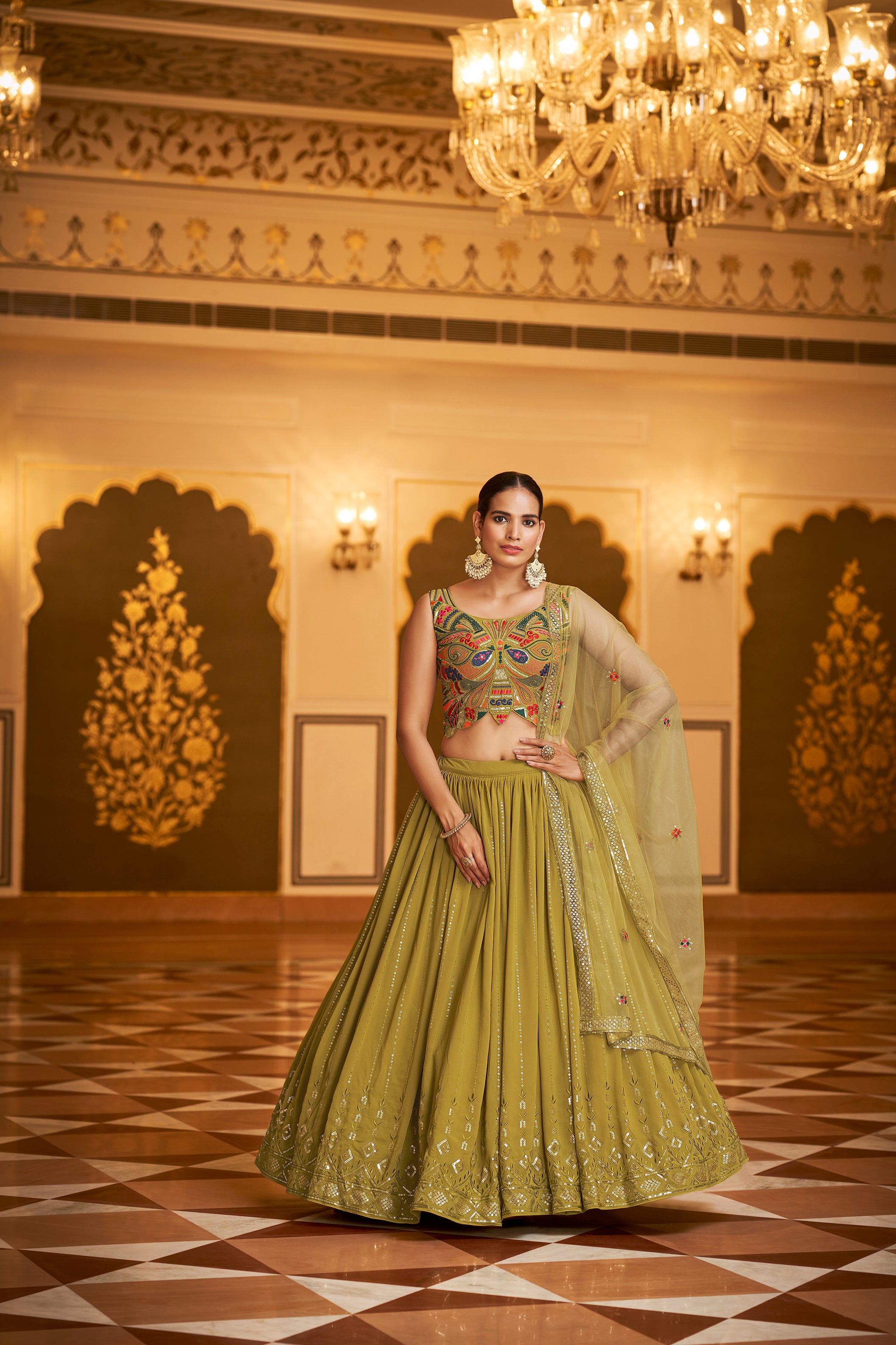 Women's Flourescent Green Georgette Sequince Embroidered Lehenga Set - Shubhkala