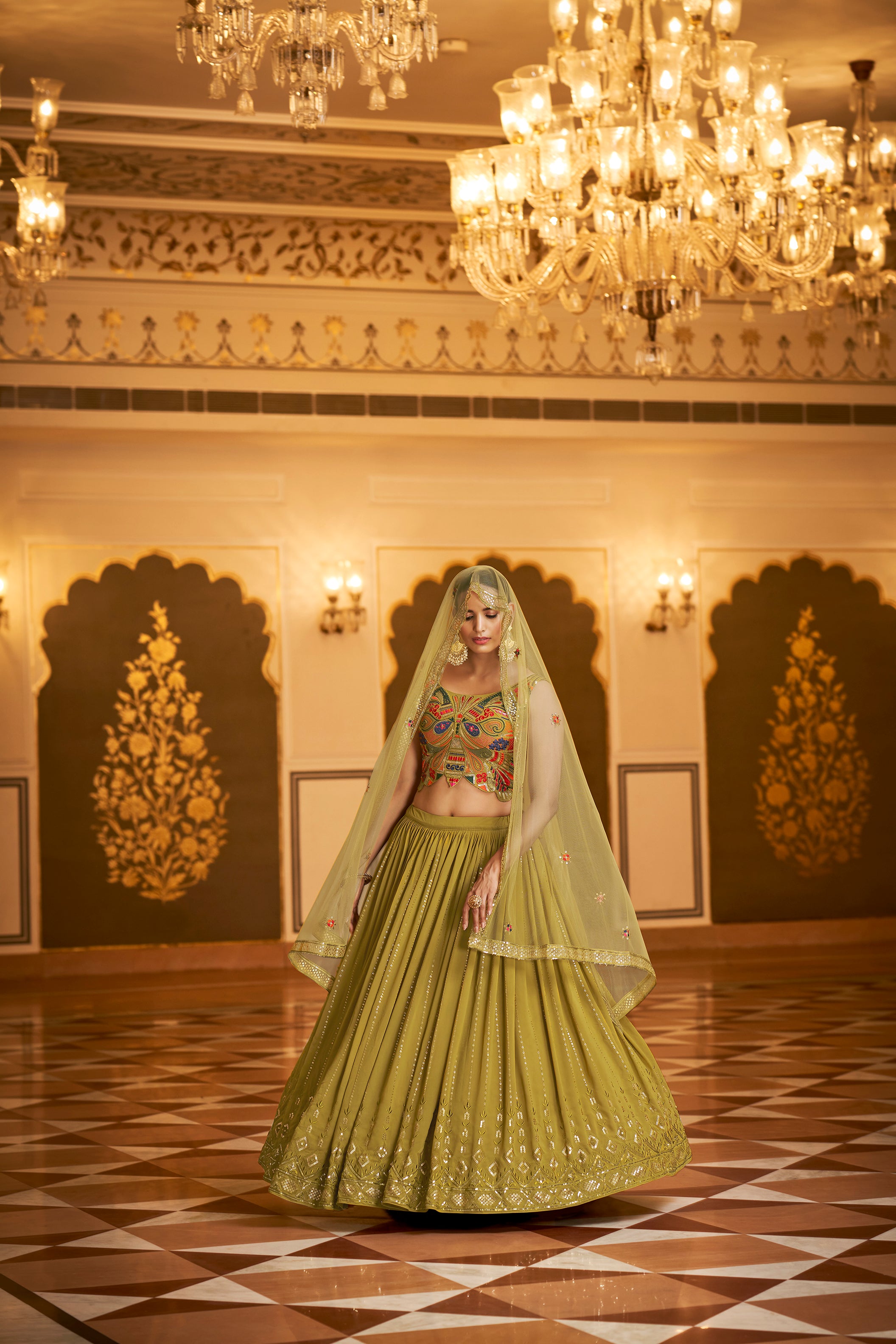 Women's Flourescent Green Georgette Sequince Embroidered Lehenga Set - Shubhkala