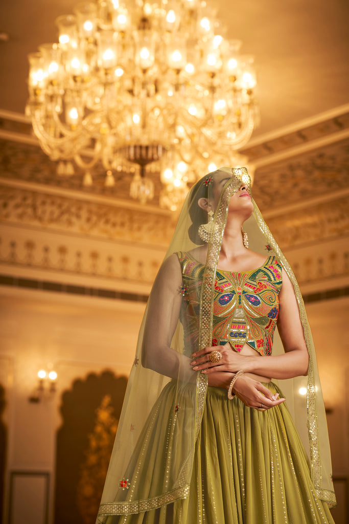 Women's Flourescent Green Georgette Sequince Embroidered Lehenga Set